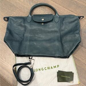 Authentic Longchamp Le Pliage Cuir Medium Leather Tote - Teal Blue